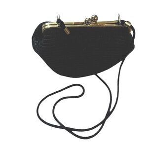 La Regale‎ Straw Rafia Crossbody Bag Purse Gold Hardware Lined Push Lock Black